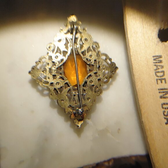 Antique Victorian Brass Filigree Brooch Yellow Orange Amber Colored Glass - Picture 14 of 16